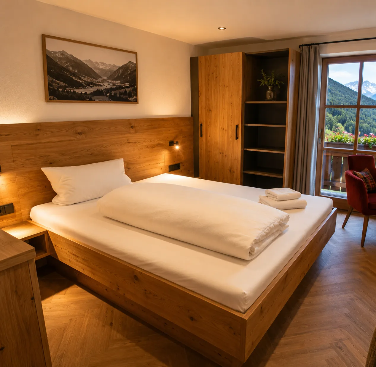 Doppelzimmer Bergblick mit Naturholz und Ausblick auf die Berge