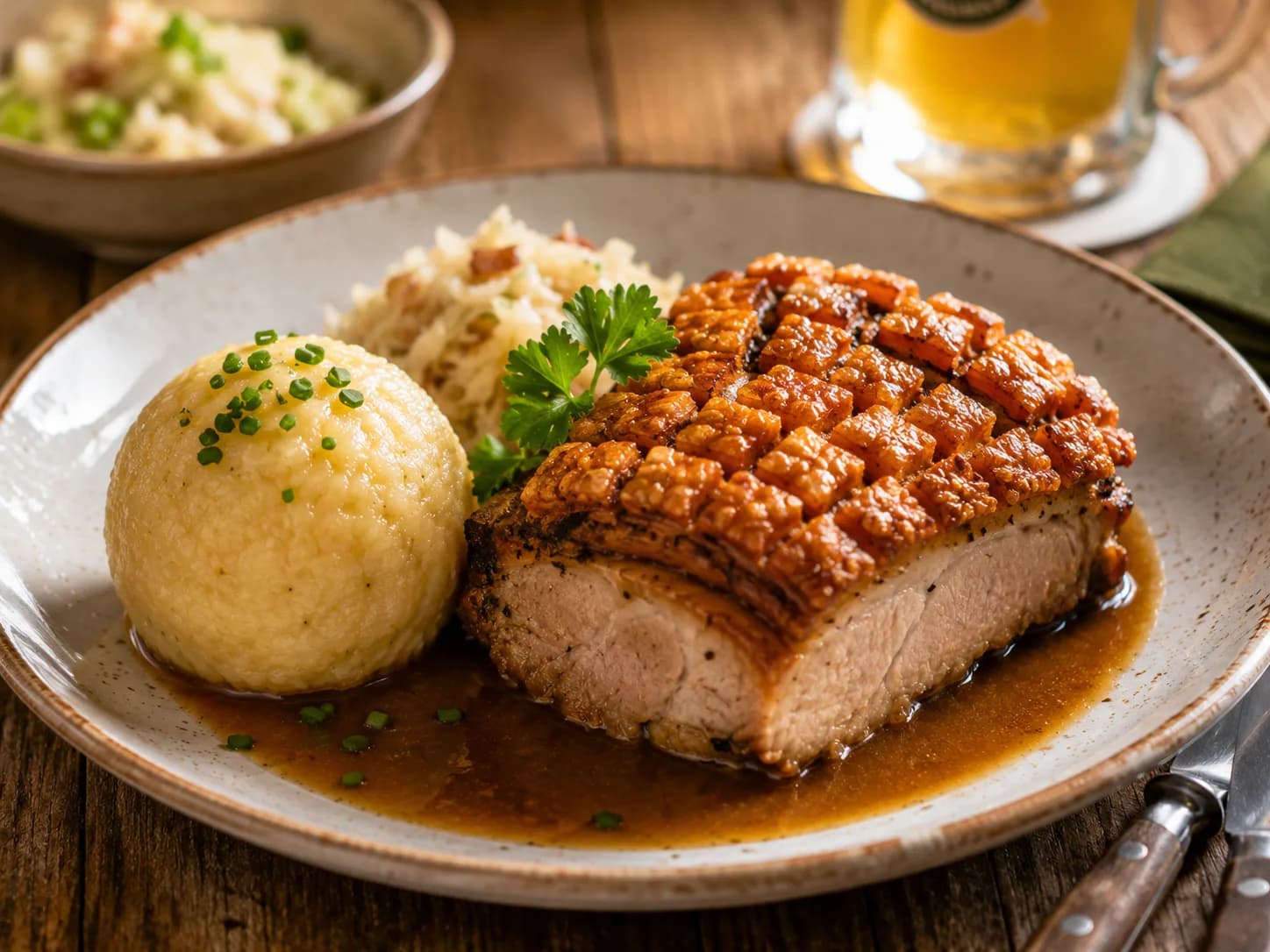Krustenbraten mit knuspriger Kruste, Kartoffelknödel und Kraut