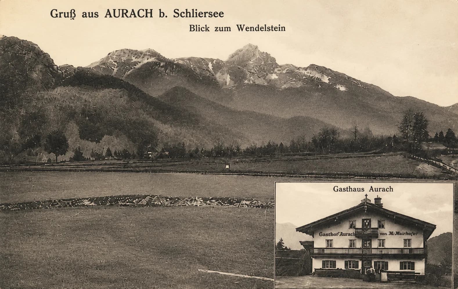 Historische Postkarte des Gasthofs mit Blick zu den Bergen