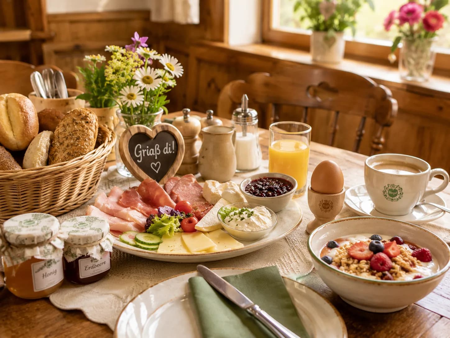 Reichhaltiges Frühstück mit regionalen Produkten und Bergblumen