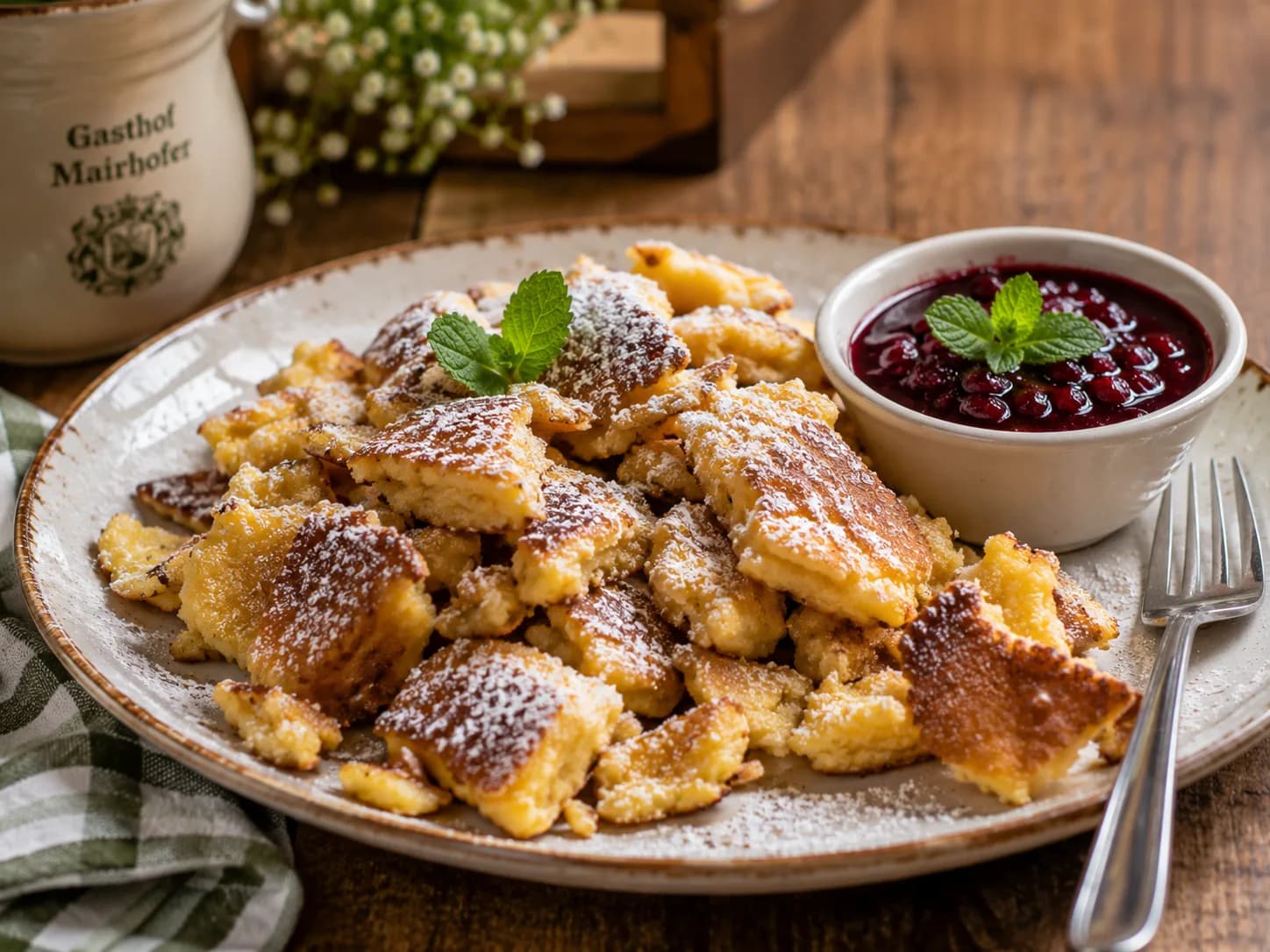Kaiserschmarrn mit Puderzucker und Zwetschgenröster