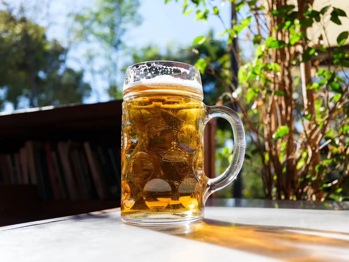 Frisch gezapftes regionales Bier im Maßkrug in der Sonne